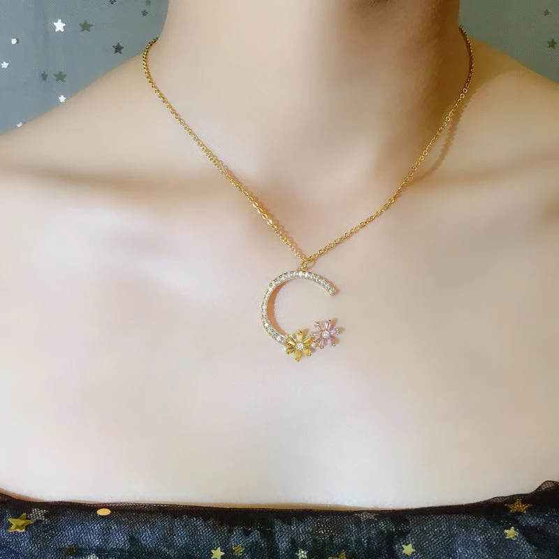 

Colorful Zircon Flower C Letter Stainless Steel Chain Chocker Pendant Necklace With AAA+ CZ Fashion Women Collar Jewellery