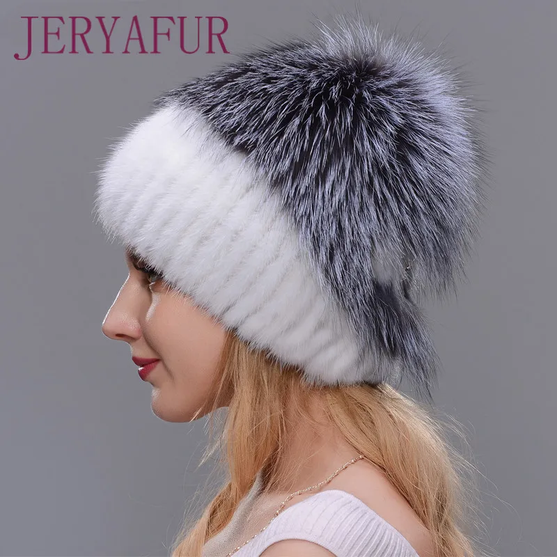 JERYAfur модная меховая шапка из натуральной норки Женская Высококачественная Меховая зимняя шапка из серебристой лисы Женская Толстая теплая вязаная шапка s Лоскутная шапка