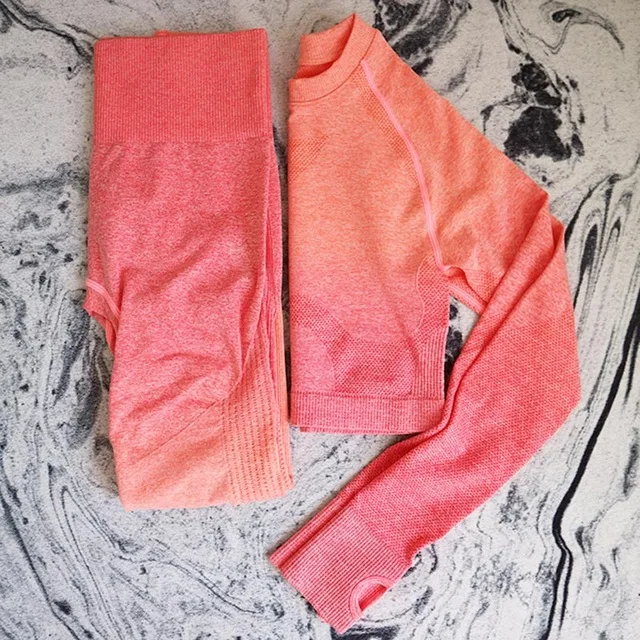 Orange Set Женский бесшовный комплект для йоги с эффектом омбре, укороченные рубашки, спортивный костюм для тренировок, Женский комплект для фитнеса с длинным рукавом, одежда для активного отдыха+ леггинсы с резинкой на попе - Цвет: Orange Set