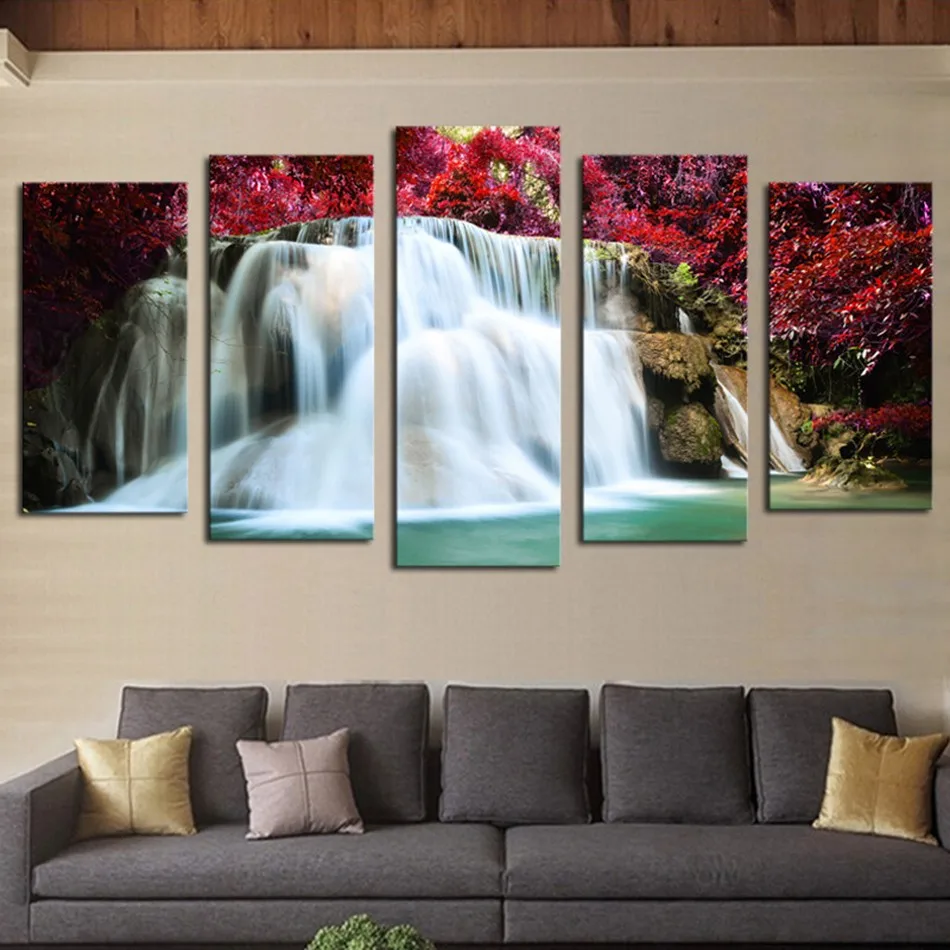 Triptych Diamond Painting scenery Cross-Stitch Red Tree Waterfall Five of paintings beads embroidery DIY Kit Diamond mosaic 5pcs