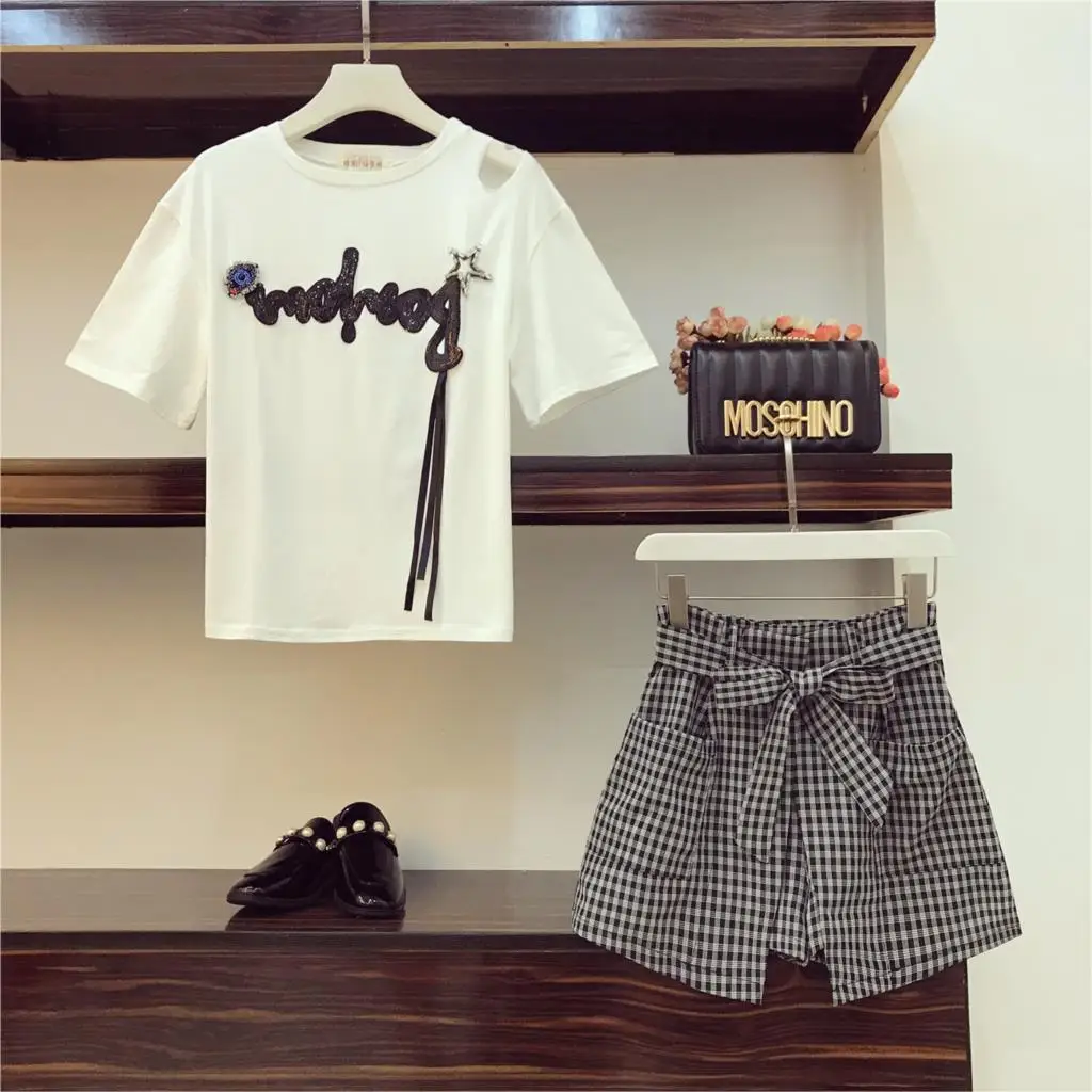 Новинка 2018 года летняя мода студентов костюмы блёстки письмо короткий рукав