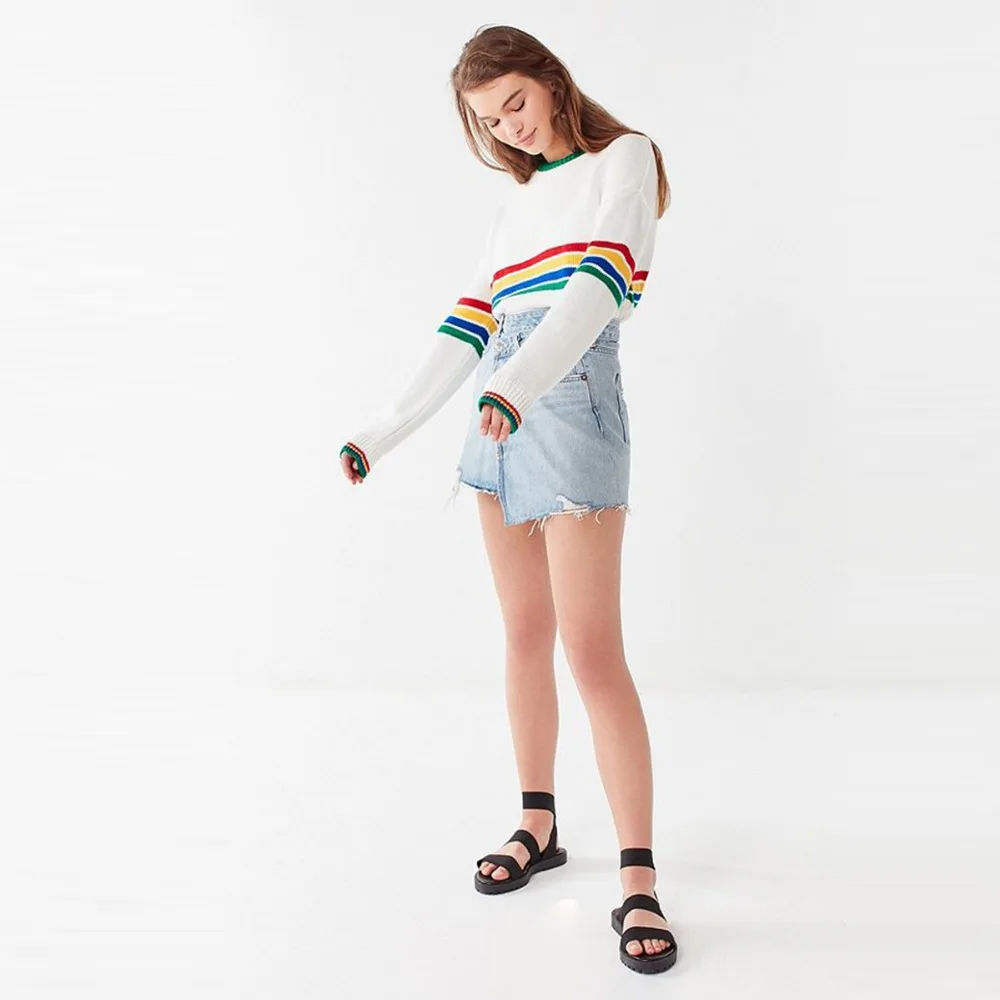 Darcydebie Women Autumn Sexy Sweet O neck Rainbow Knitted Striped Loose Casual Girl Pullover Sweater Tops | Женская одежда