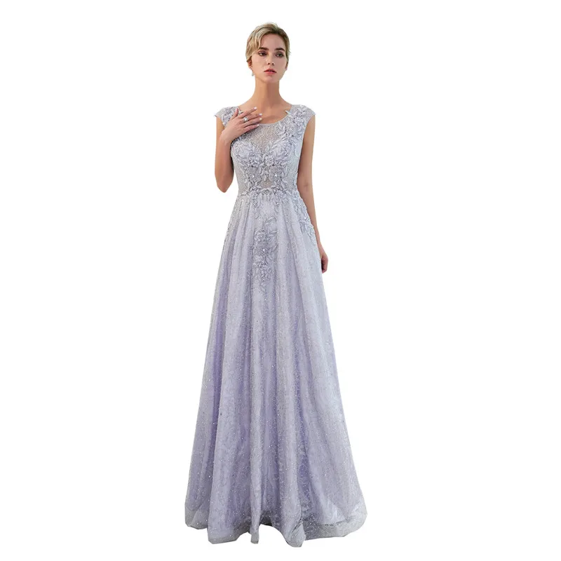 

Luxury Lace Appliques Beading O-Neck Long Evening Party Dresses Short Sleeves Prom Gown Robe de soiree Vestido de noche 72701