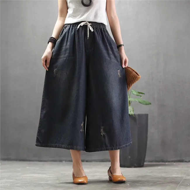

7 pant new spring summer loose seven big yards show thin cowboy wide-legged pants hole water leisure female elastic waist