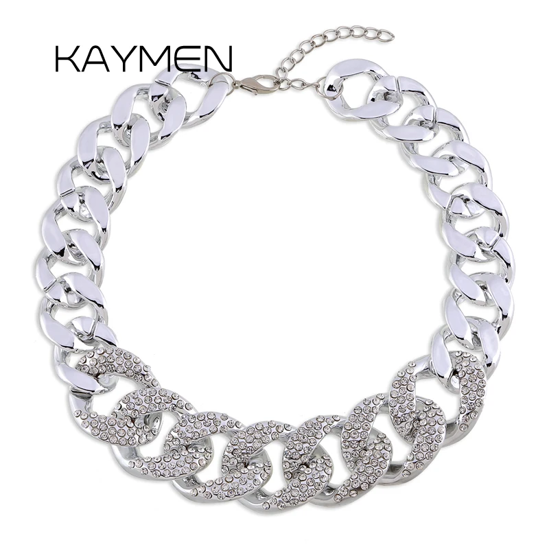 

New Arrival Silver Plated Big Acrylic CCB Chain Inlaid Full AAA Rhinestones Charm Necklace For Women Chain Choker Necklace
