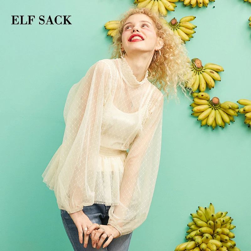 Женская блузка ELFSACK однотонная кружевная с высоким воротом и рукавами летучая