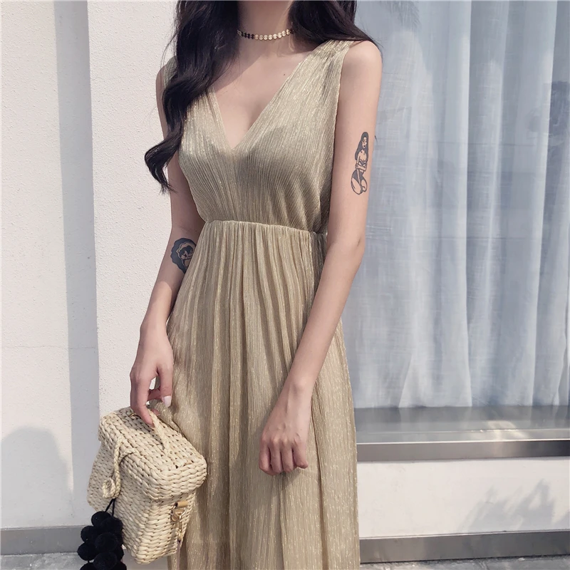 Для женщин корейской моды V воротником без рукавов Длинные вечерние платье