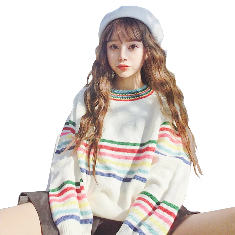 Winter Women's Clothing Lovely Sweet Rainbow Stripes Long Loose Sleeve Sweater Women Harajuku Pullovers | Женская одежда