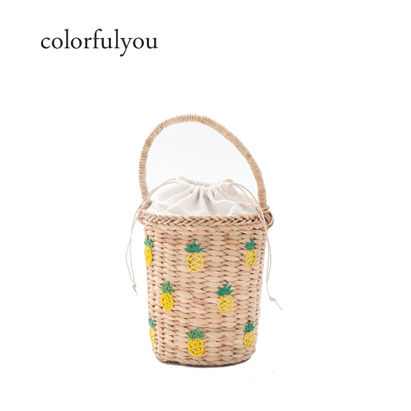 

Korean Style Pineapple Pattern Straw Handbag Embroidery Bucket Beach Tote Bag With Drawstring Hasp 2019 Holiday Knitting Bag