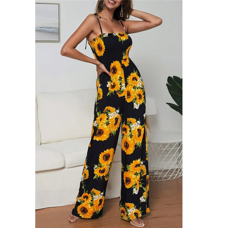 Женский комбинезон в горошек с подсолнухами Свободный без рукавов широкими