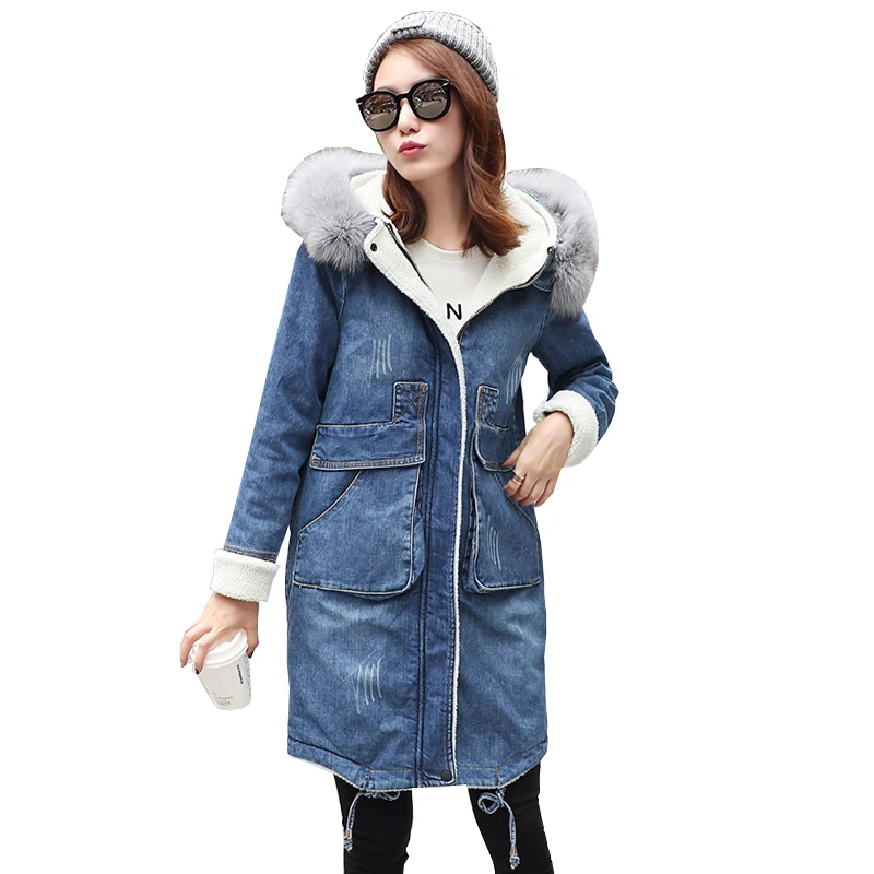 Зимние джинсовые хлопчатобумажная куртка Для женщин 2018 осень новый меховой