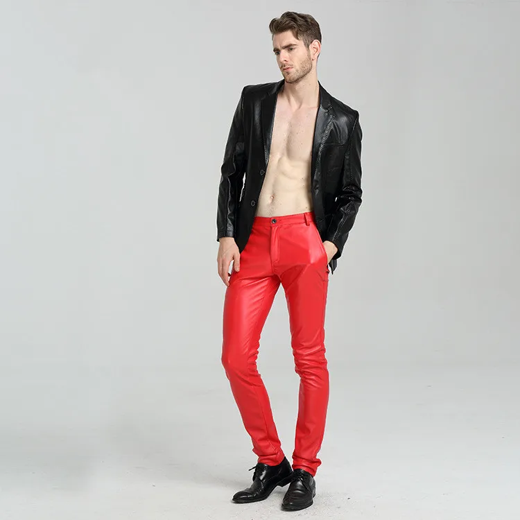 Брюки Карандаш мужские из ПУ кожи красные синие белые|pu leather pants men|leather menfashion trousers |