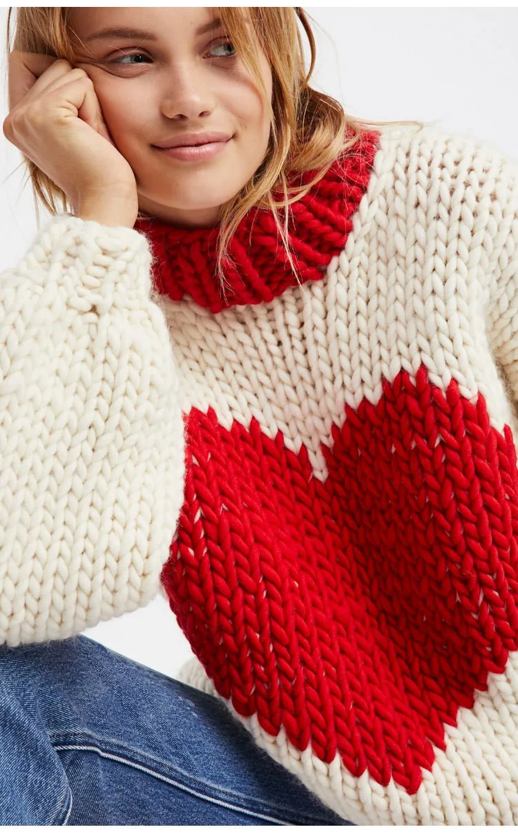 2019 autumn and winter new fashion pure hand-woven peach heart color thick needle lantern sleeve sweater | Женская одежда