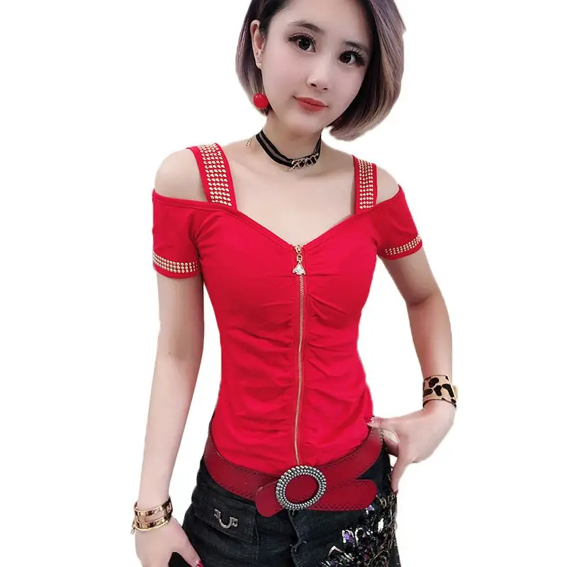 Red tshirt Сексуальная футболка с застежкой-молнией, с открытыми плечами, с бриллиантами, лето, Женский ассиметричный топ с коротким рукавом, одежда T94144L - Цвет: Red tshirt