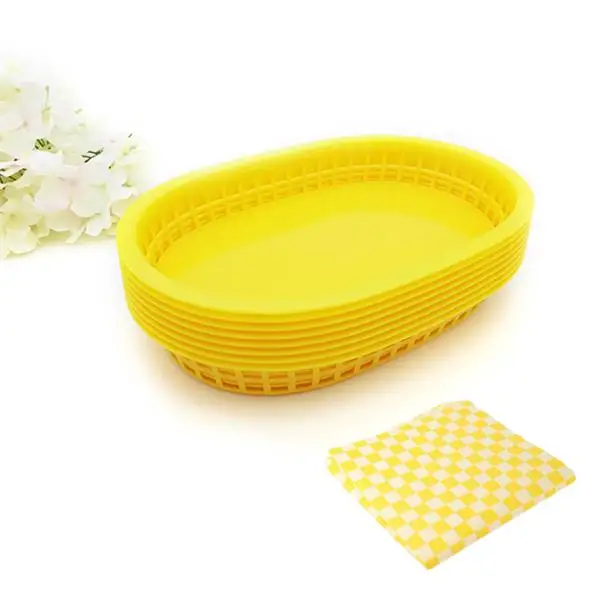 6pcs Yellow 24 paper 6 шт 10," Большая пластиковая корзина для фаст-фуда 24 шт проверенные восковые покрытые бумажные обеденные тарелки поднос для сервировки еды Ресторан - Цвет: 6pcs Yellow 24 paper