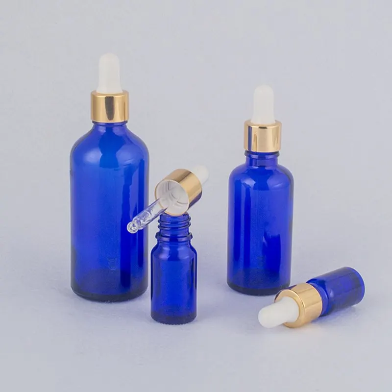 10ml Blue Incense Essential Oil Bottle with Bright Gold Dropper Glass Thick Cosmetic Packaging Oil Bottle 100PCS/LOT