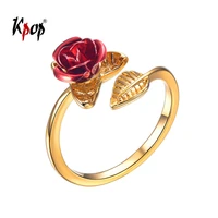 kpop red rose ring summer jewelry love gifts for girls gold color flora flower adjustable open ring for women r6250