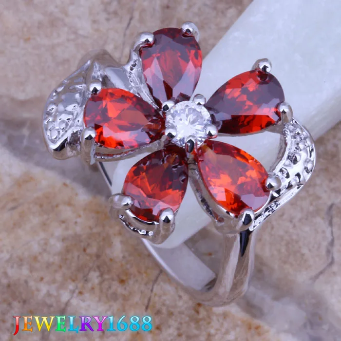 Уникальный цветок красный гранат Белый CZ посеребренное кольцо Размер 6 / 7/8/9/10 D317