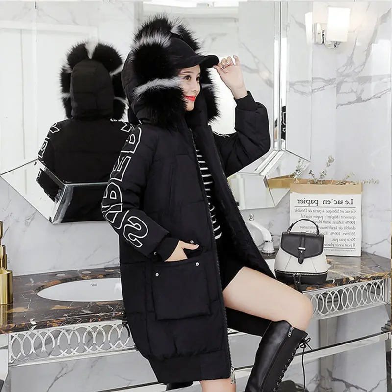 

2018 New Winter Down Cotton Women's Long Jacket Loose Large Size Printing Letters Fashion Black White Hooded Female Parkas LQ531