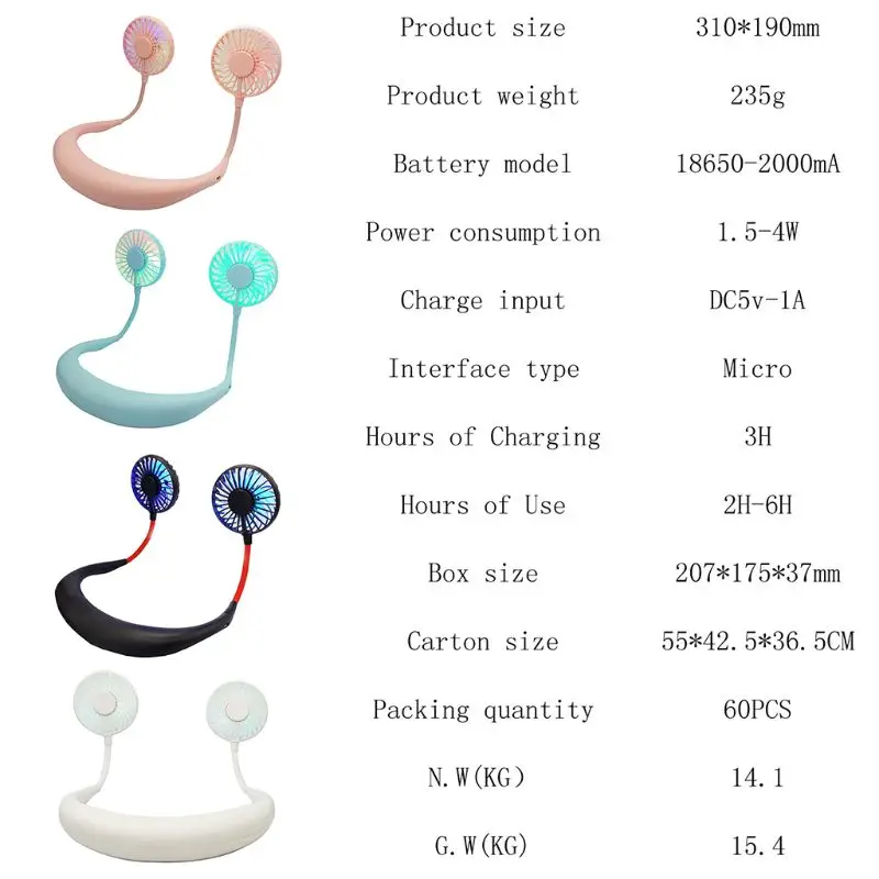 

2019 New Mini Portable LED Light USB Rechargeable Fan Neck Hanging Style Dual Cooling Lazy Fan for Student School Use Supplies