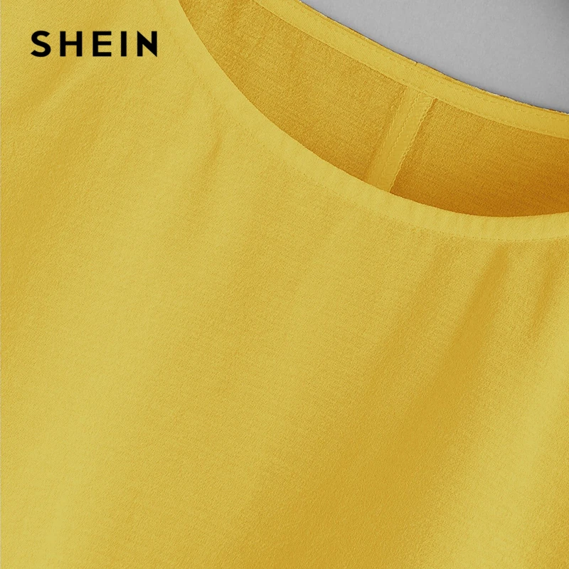 SHEIN, милый розовый топ с манжетами и рюшами, женская блузка, расклешенный подол, круглый вырез, короткий рукав, летние свободные женские топы и блузки