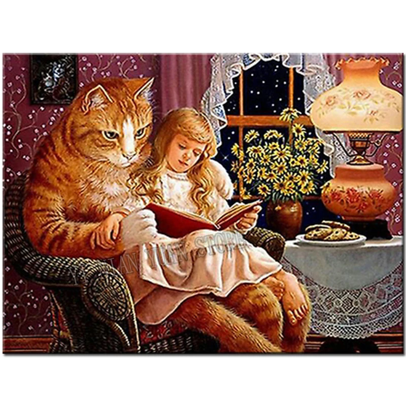 5d diy настенные наклейки кошки и девочки для чтения алмазная живопись квадратные 3D