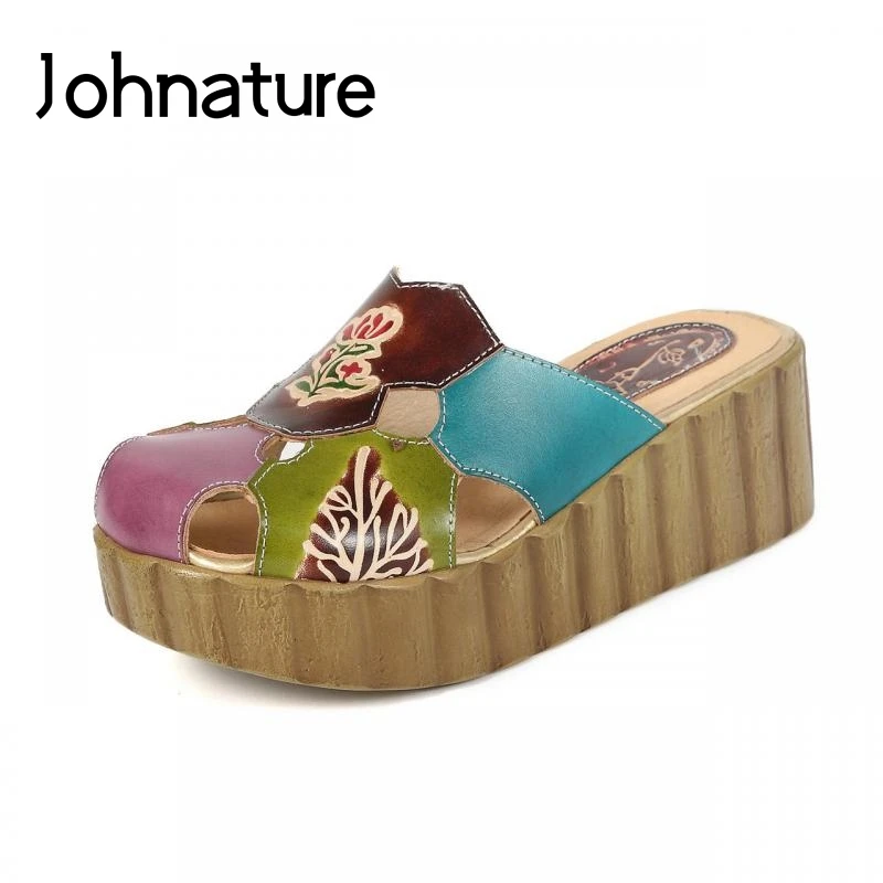 

Johnature Summer Genuine Leather Mixed Colors Slippers Outside Flower Slides Casual Wedges National Style Sandals Women Shoes