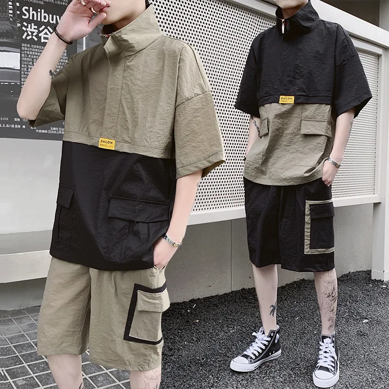 

2019 New Summer Streetwear Men's Patchwork Suit Short Sleeve T-shirt+Shorts Hip Hop Two Piece Set For Men Tracksuits Clothing
