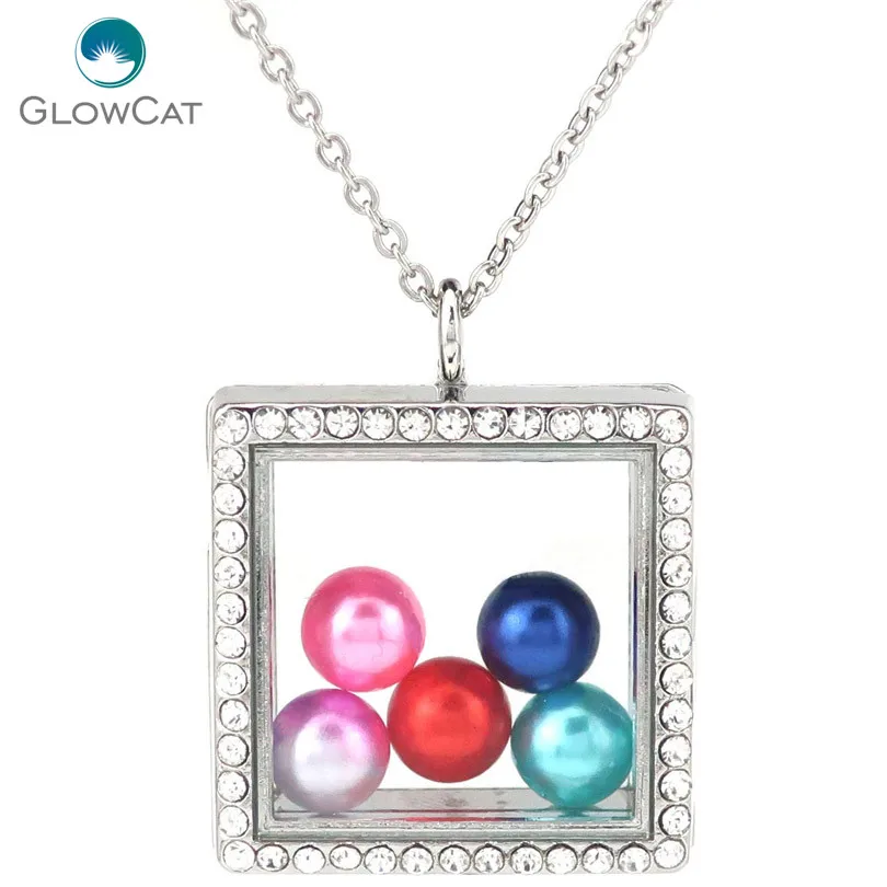 square Rhinestone Еще стиль диаметр 8 мм 10 мм бусины Геометрическая медальон жемчужная клетка плавающее подвесное колье с горным хрусталем - Окраска металла: square Rhinestone