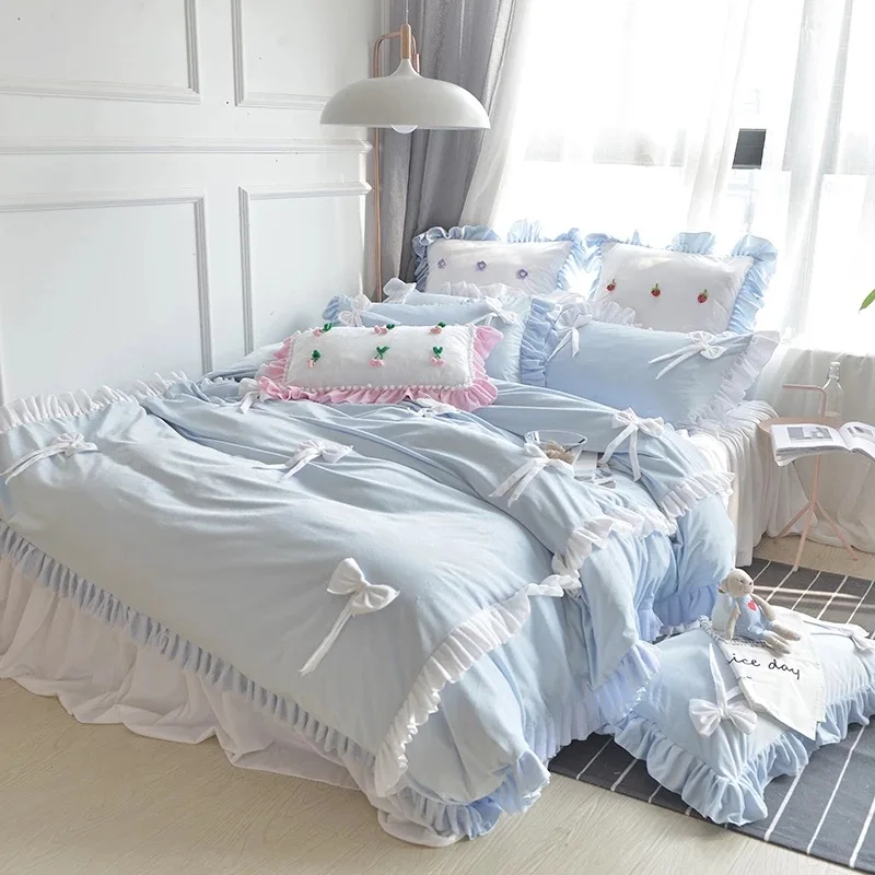 Коралловое флисовое розовое постельное белье с бантиками и цветами корейский