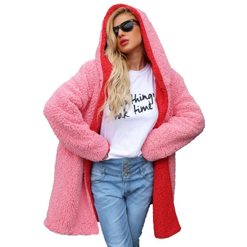

Women Hooded Coat Cashmere Fleece Open Front Thick Warm Cardigan Outerwear Overcoat female Streetwear 2019 Korean Fashion Jacket