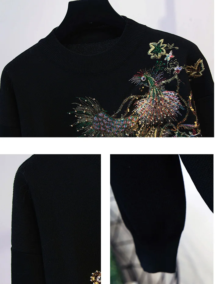 

High quality spring new women sweater set European station peacock beaded embroidery long-sleeved sweater casual feet pants suit