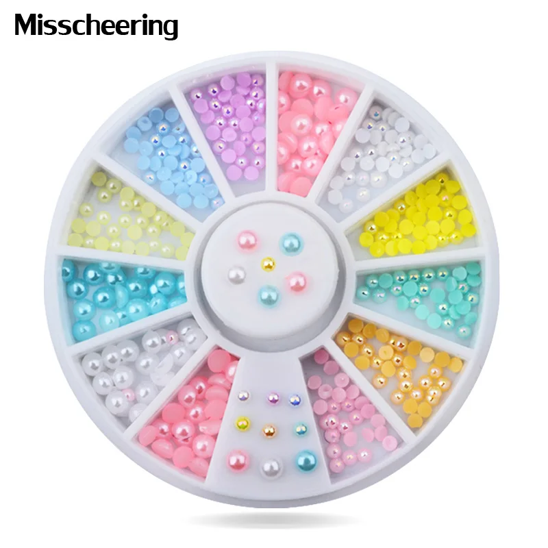 Mix Sizes Candy Color Shiny Half Round Flatback Pearls Nail Art Stickers Tips Glitter Fashion Nail Rhinestone Decoration Wheel