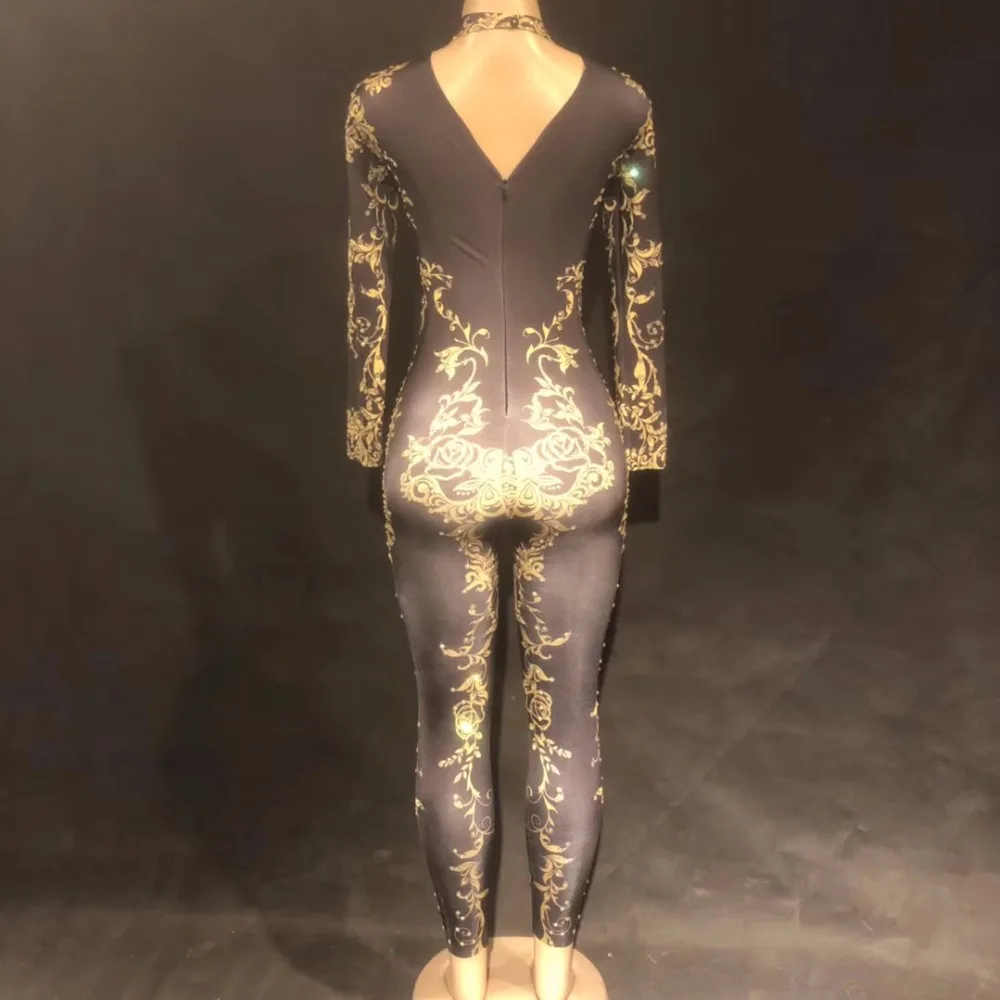 Женский сексуальный комбинезон золотистого цвета Стразы Костюм для выступлений