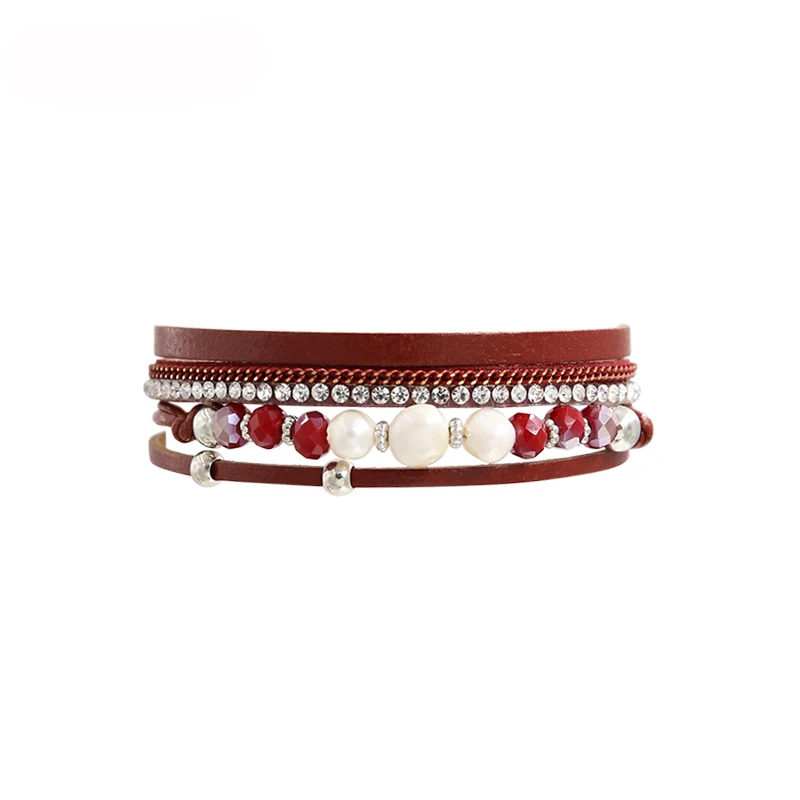 A32358-Red Шотландский танец горный хрусталь кожа женские с магнитом Застежка ручной Подарочный Шарм 8 Форма изделия бесконечности многослойный браслет кристалл - Окраска металла: A32358-Red