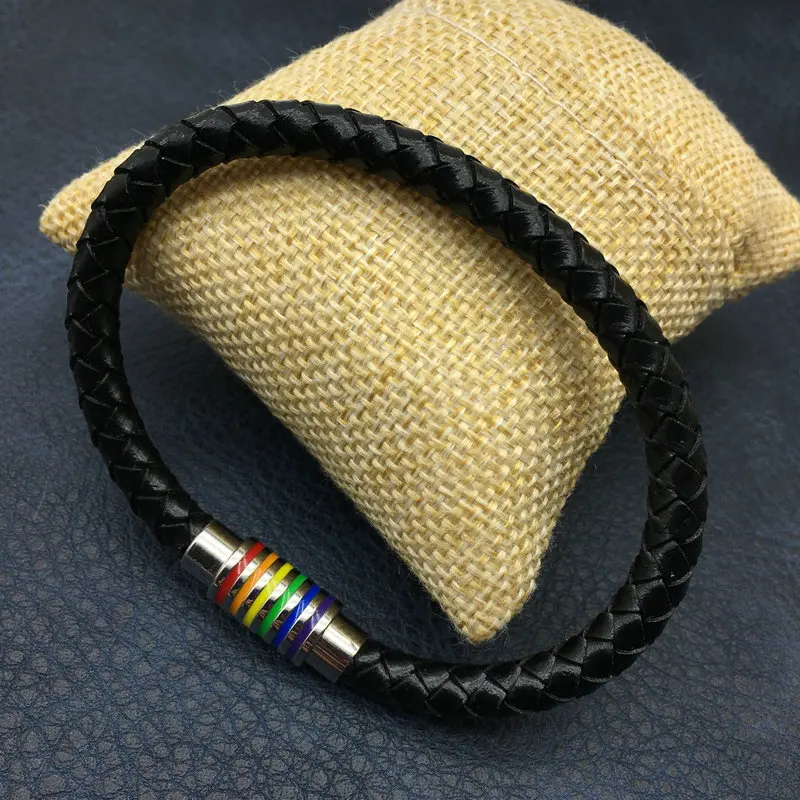 Кожаный Радужный Браслет из нержавеющей стали с магнитной пряжкой браслет