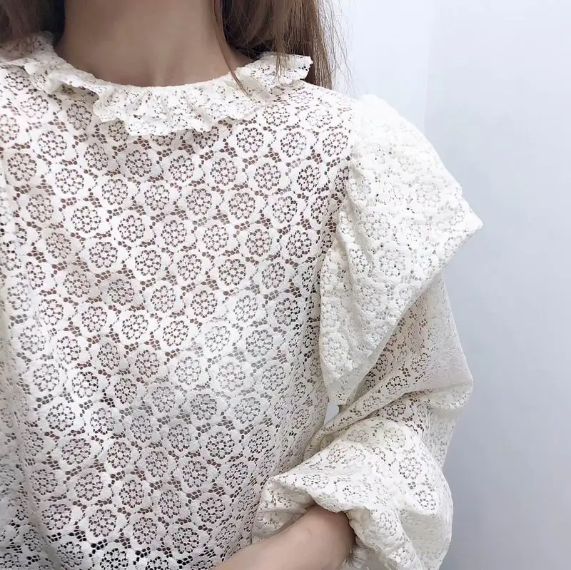 Женская блузка лето 2019 новая мода открытая кружевная рубашка с длинным рукавом и