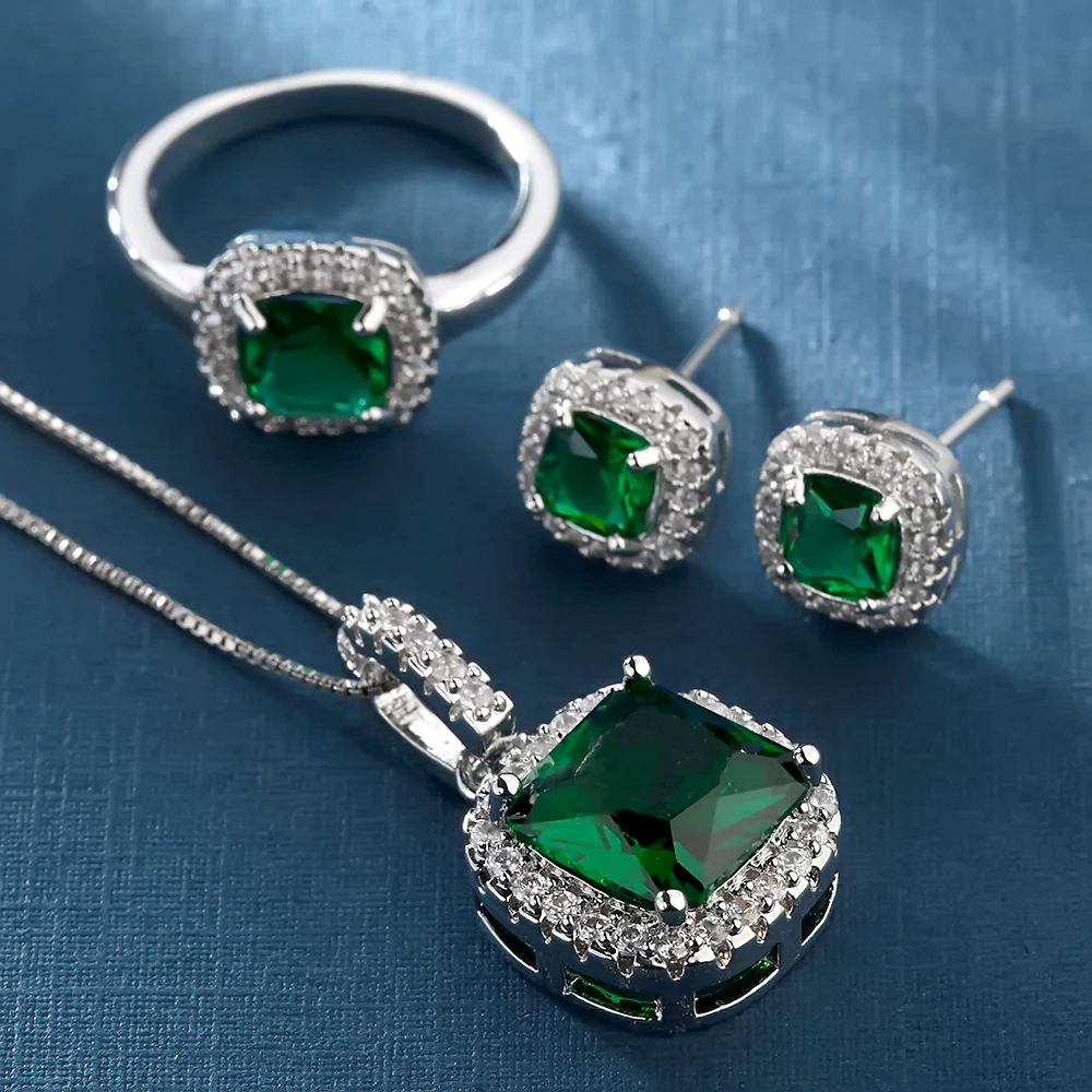 Комплект из колье серёг и кольца с зеленым фианитом|women wedding jewelry set|wedding setsset green |