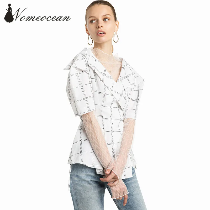 Вышитые геометрический Клетчатый узор марли Футболки осень 2017 г. Базовая