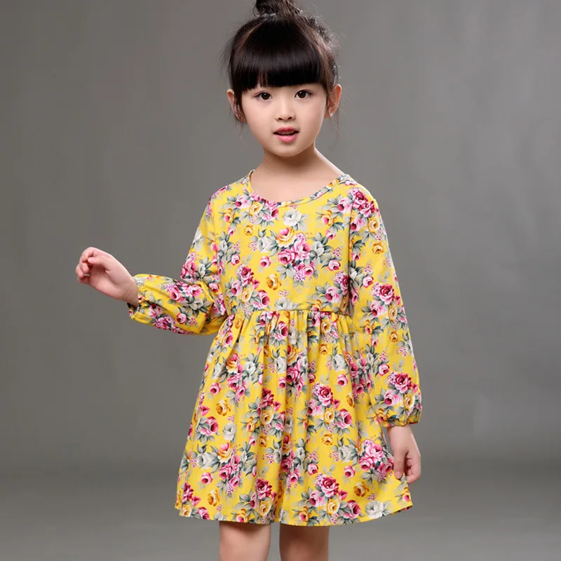 2016 New Autumn Girls Dress Kids Long Sleeve Baby linen Floral Children Pleats Toddler Basic Clothes 2-6Y | Детская одежда и обувь