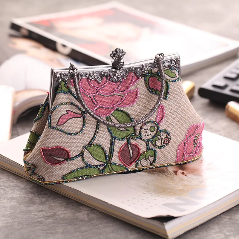 Винтажная розовая Женская сумка Льняная с бусинами и вышивкой через плечо клатч