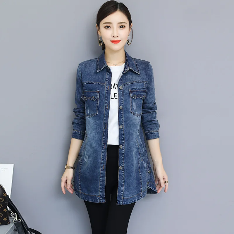 2019 Basic Long Jeans Coats Women Slim Ripped Denim Jacket Femme Elegant Vintage Frayed Jackets Outwear Casacos Feminino Clothes | Женская