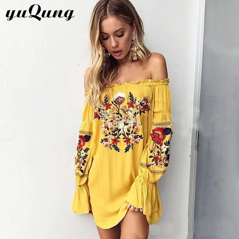 

Женское платье с вырезом лодочкой, Осеннее Цветочное платье с оборками и открытыми плечами, женское пляжное платье с длинным рукавом, Хлопк...