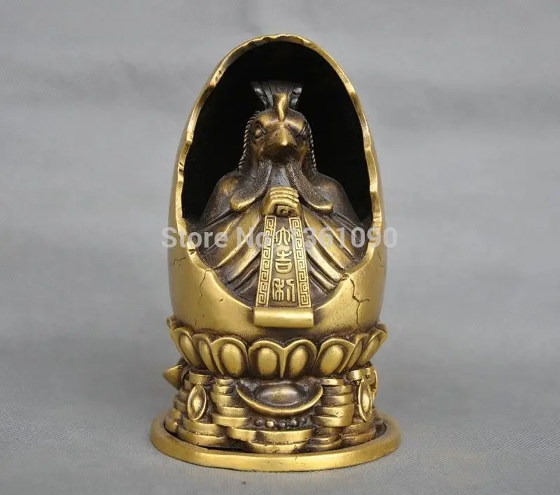 

xd 00204 8'' China Zodiac Chicken Rooster Inside Egg Bronze Statue