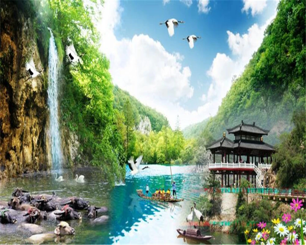 Beibehang настенная бумага природный пейзаж павильон водопада Egret lotus украшение для