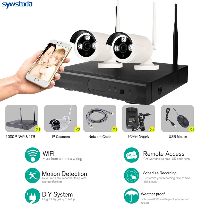 HD 960P 4CH Wifi CCTV System Wireless NVR Kit 2PCS Indoor Outdoor Security IP Camera Video Surveillance Set | Безопасность и
