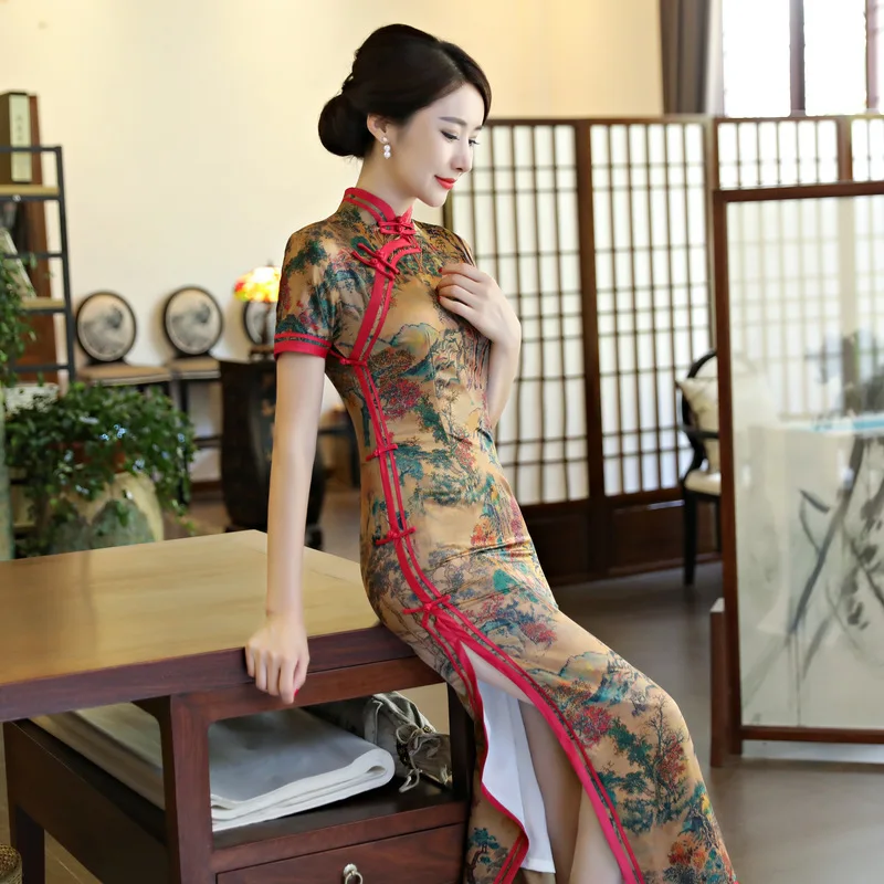 

2019 Spring Cheongsam Novelty Chinese style Dress Womens Long Rayon Qipao Slim Party Dresses Lady Button Vestido Size S-XXL