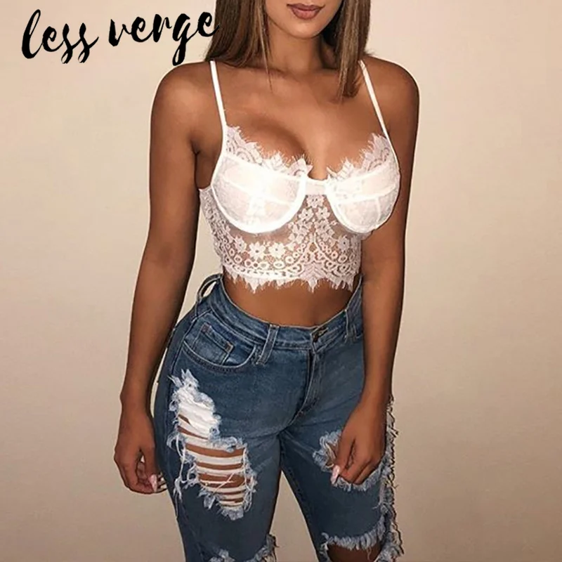 Lessverge, черный прозрачный кружевной топ с бюстгальтером, женские вечерние, без рукавов, белый, сексуальный, прозрачный, укороченный топ, Feme, короткий, летний, Цветочный, на бретельках