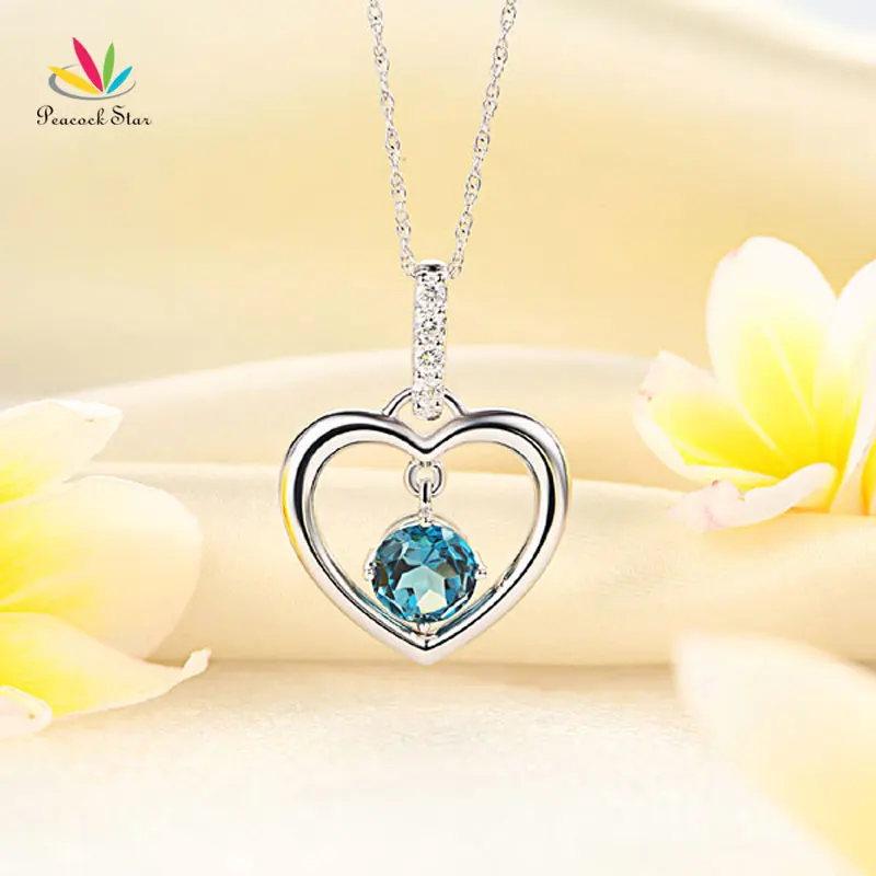 Звезда павлина изящное 14K белое золото Лондон голубой топаз кулон в виде сердца