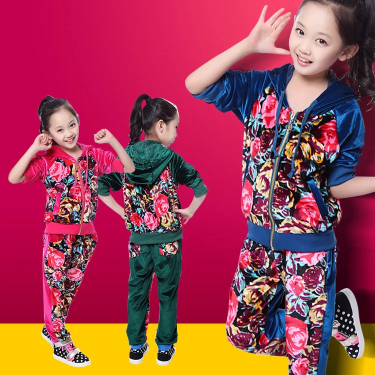 Spring 2015 new children clothing sets Floral coat pant 2pcs Velvet kids clothes baby girls sport suit roupas infantil meninas | Мать и